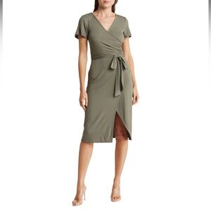 NWT Nordstrom Everyday Faux Wrap Midi Dress Tie-Waist V-Neck Flutter Green Dune